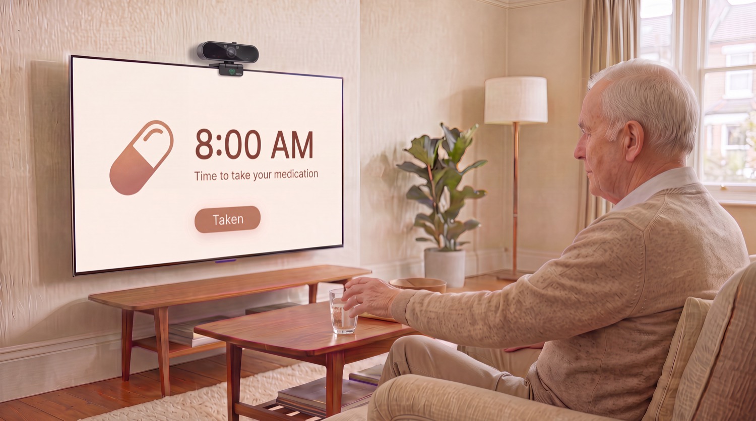 A medication reminder on the TV